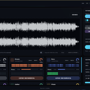 DR-VoxSplit plugin UI showing a completed 6-stem separation with vocals, drums, bass, other, guitar, and piano