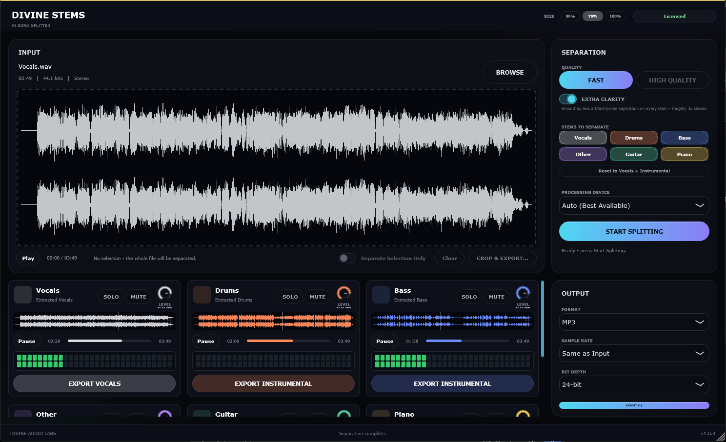 DR-VoxSplit plugin UI showing a completed 6-stem separation with vocals, drums, bass, other, guitar, and piano